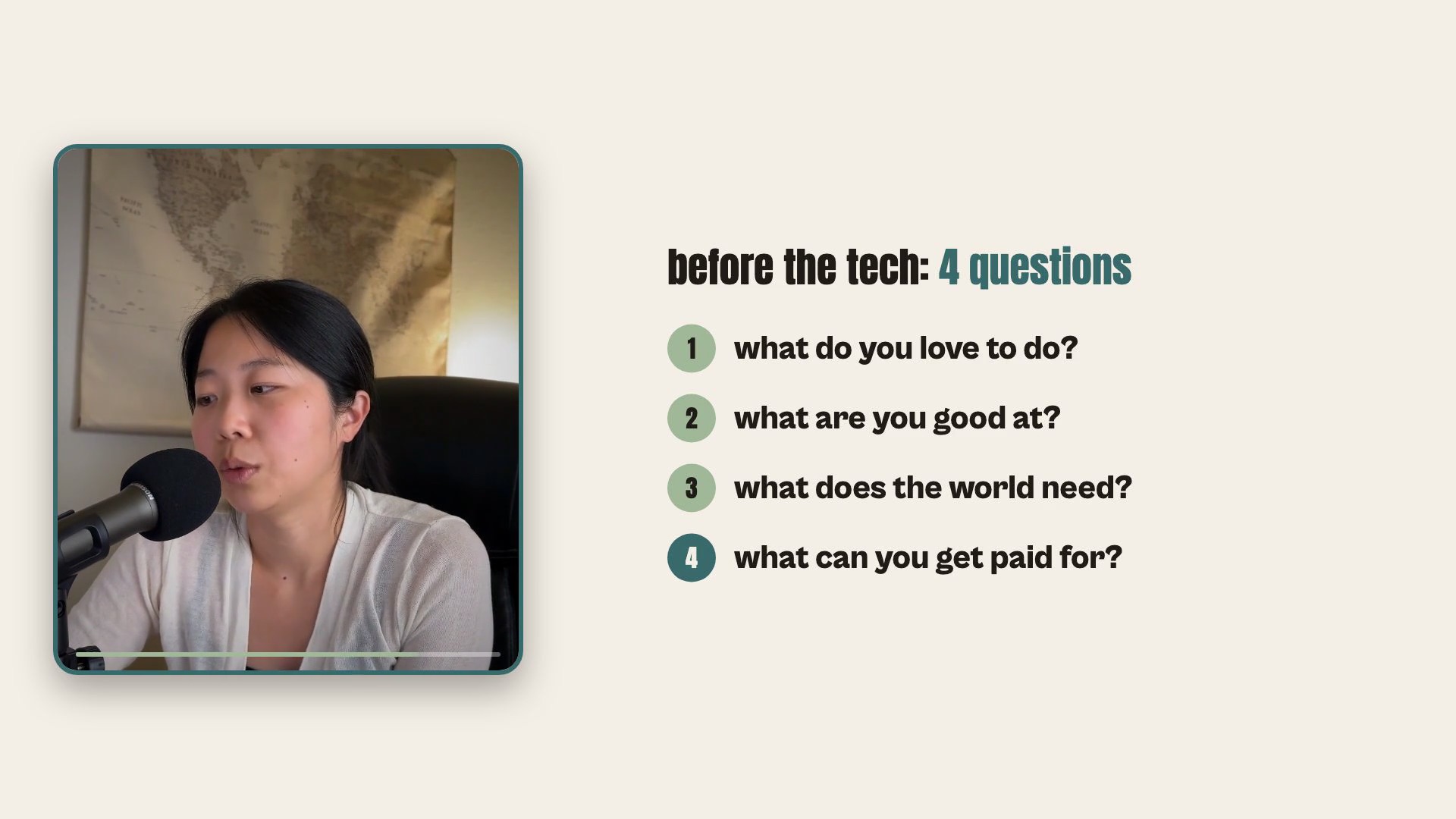 Sandy Lee's personal guide blueprint — the four Ikigai questions she answers before building any AI content system: what do you love, what are you good at, what does the world need, what can you get paid for