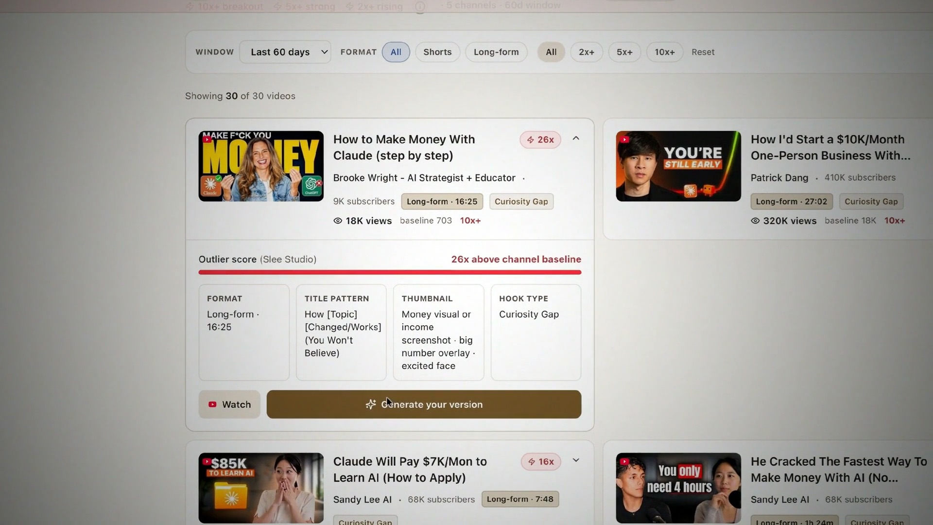 Sandy Lee's AI content system surfacing outlier videos — a Brooke Wright video flagged at 26x above channel baseline, with its format, title pattern, thumbnail style and hook type broken down