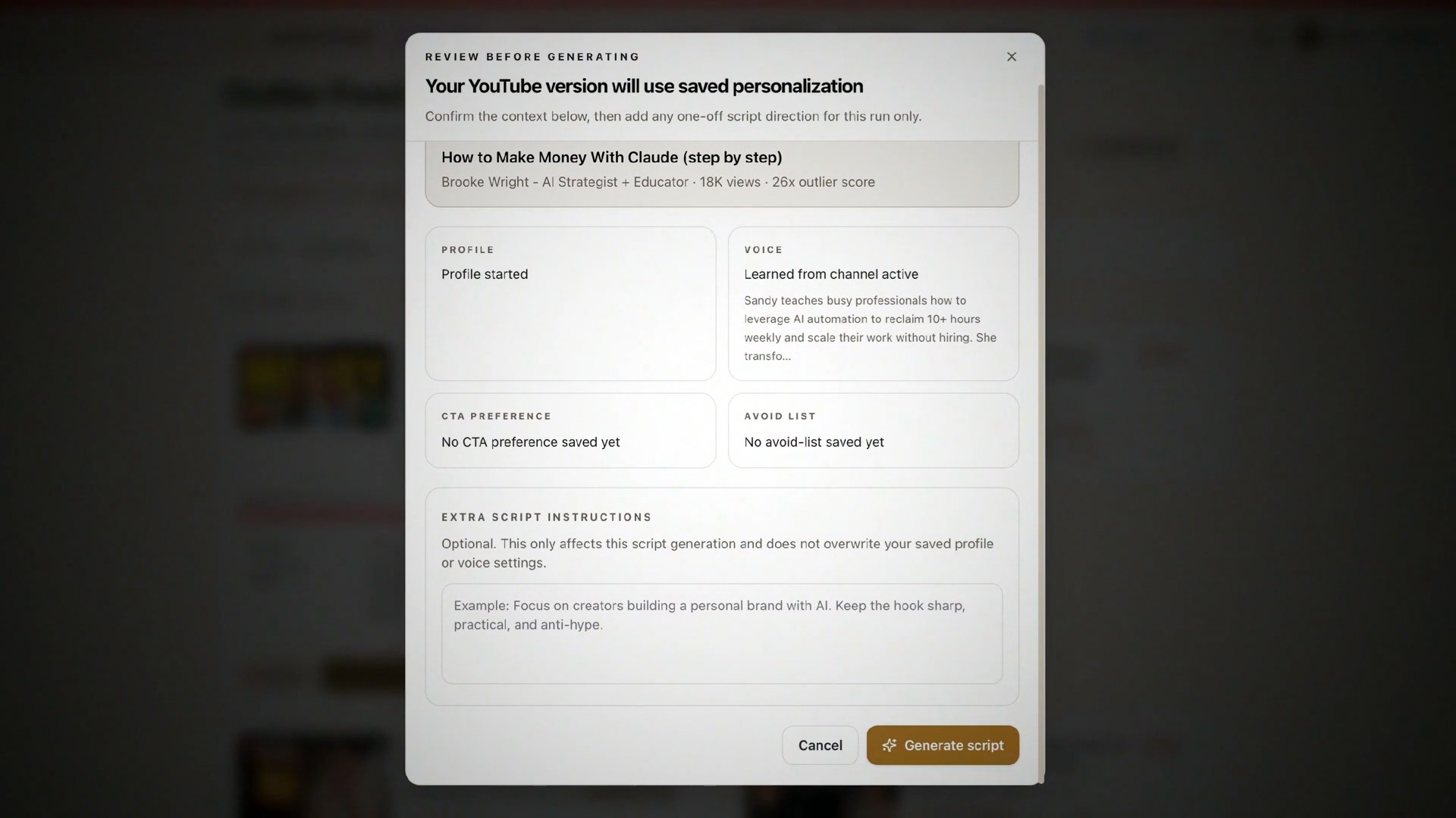 Sandy's script generator reviewing a video before writing — saved voice profile, CTA preference and one-off script directions for this AI content system run