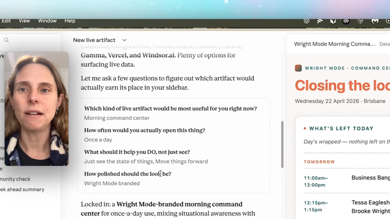 Setting up a new Live Artifact — Claude reviews your connectors and asks what would be most useful before it builds