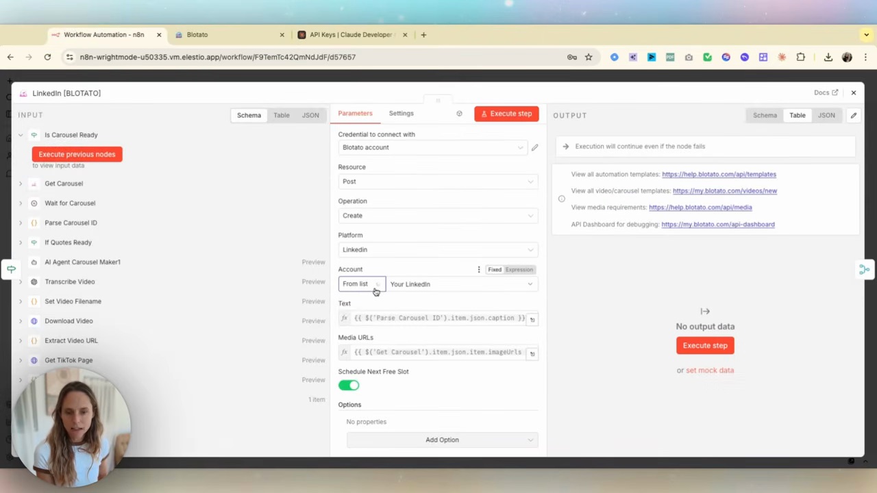 The Blotato auto-post step — workflow tells Blotato which carousel to render and which account to post to