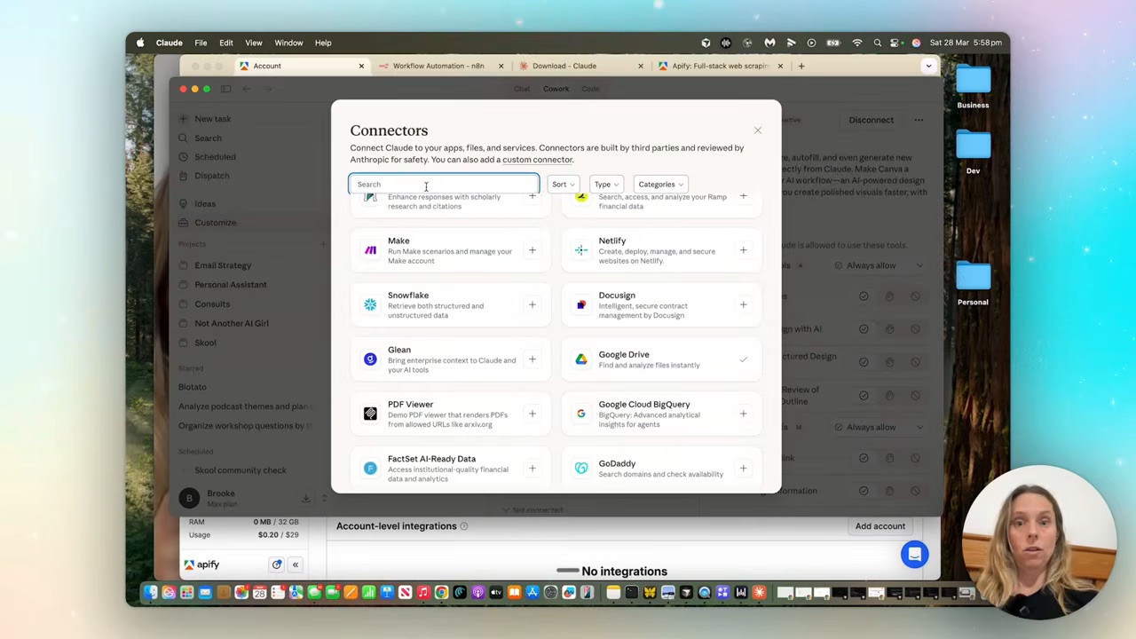 Cowork's connectors panel — search Apify, paste your token, and pick which scrapers Claude can use