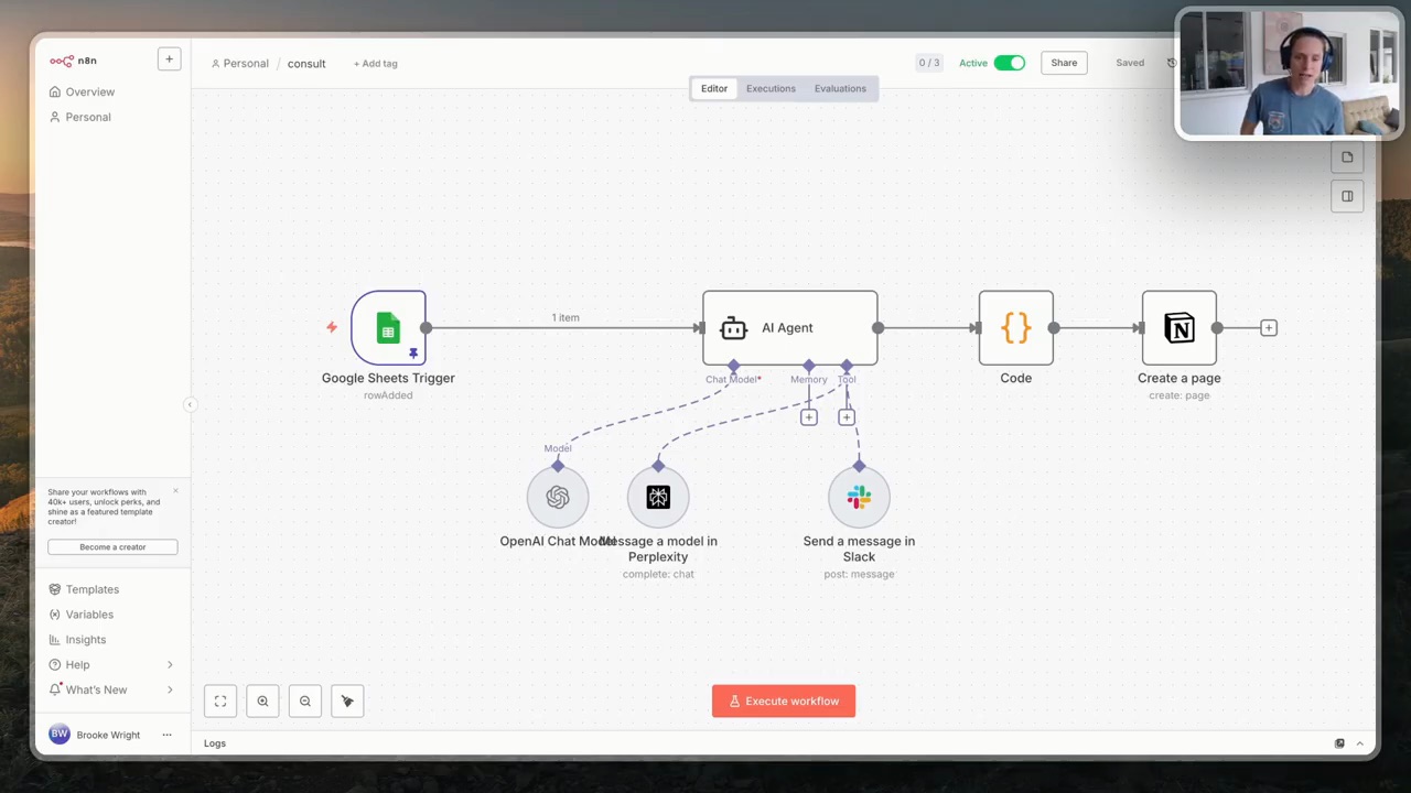 An AI agent inside an n8n workflow — the agent reads the data, decides what to research, uses Perplexity, sends Slack updates, saves to Notion.