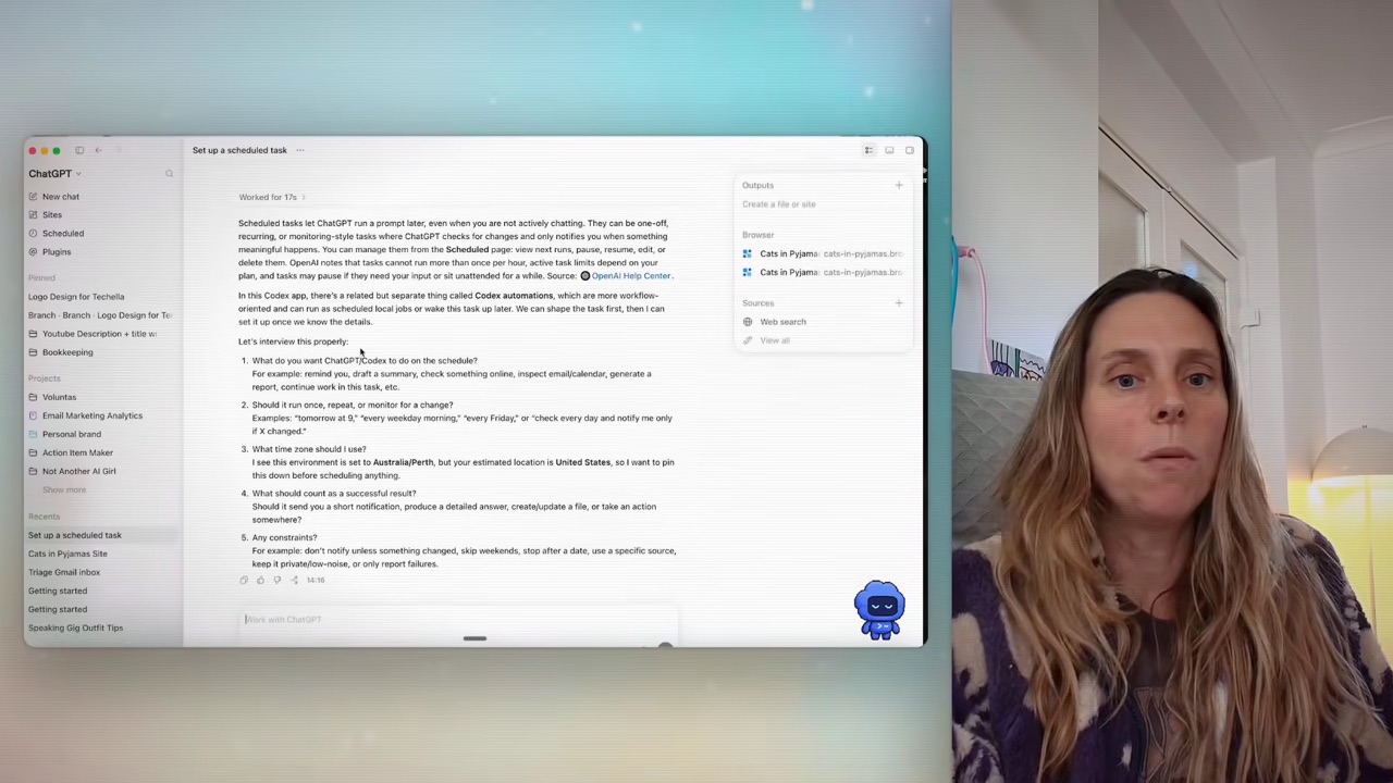 ChatGPT work setting up a scheduled task — it interviews you on cadence, time zone and what counts as a successful result