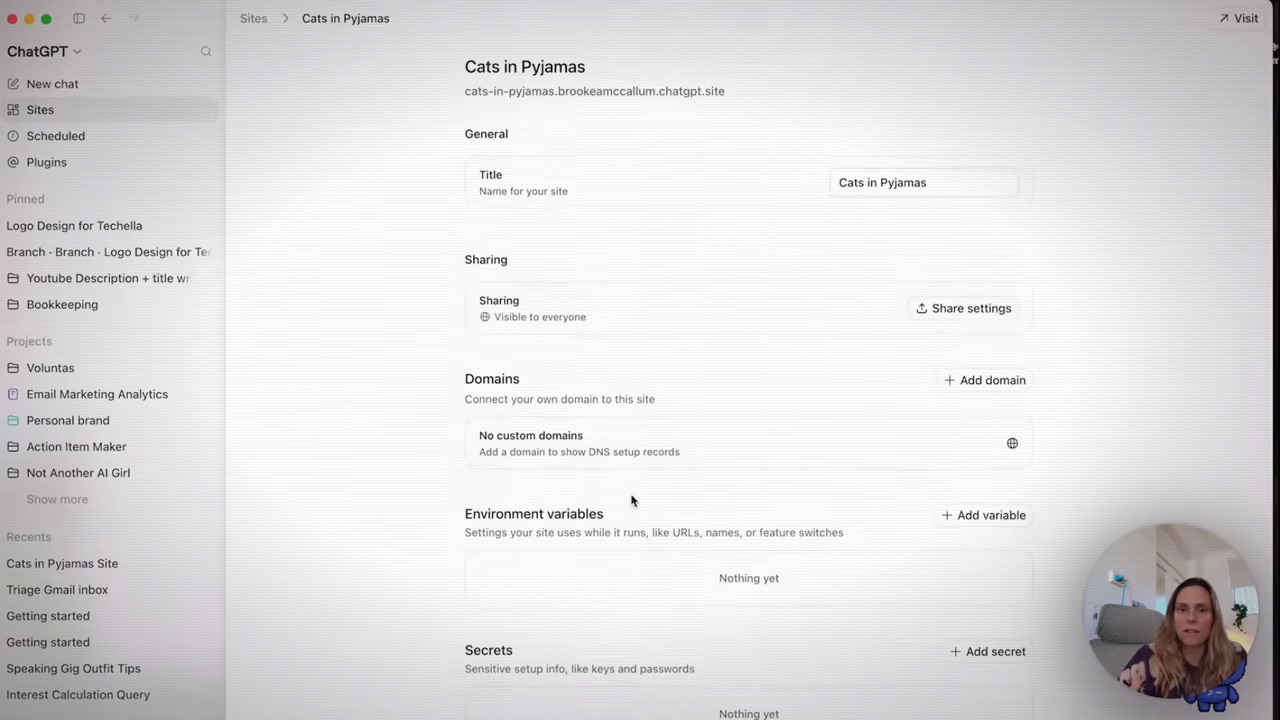 ChatGPT work site settings — the panel where you add a custom domain, environment variables and secrets to a hosted site