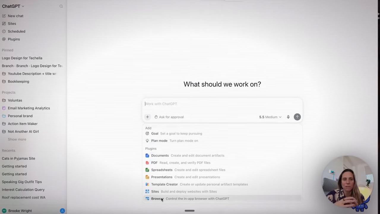 The ChatGPT work menu — Goal, Plan mode, and the plugin list including Documents, Spreadsheets, Sites and Browser