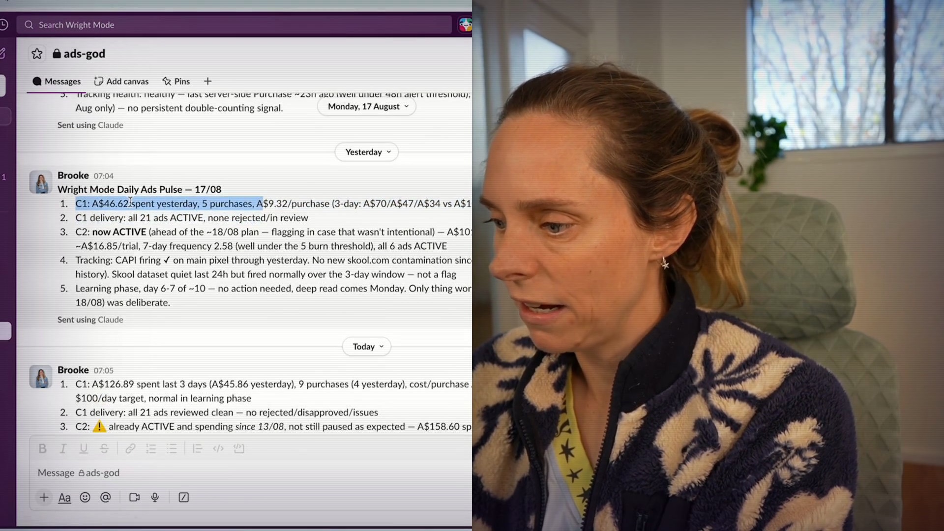 The daily 7am ads report landing in Slack, with spend, purchases and cost per purchase