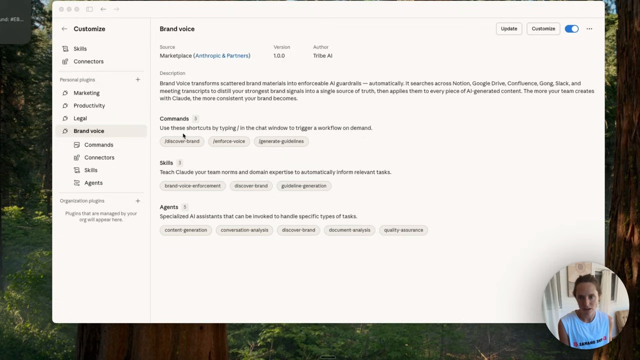 A real plugin opened up — commands, connectors, skills and agents all visible in one place