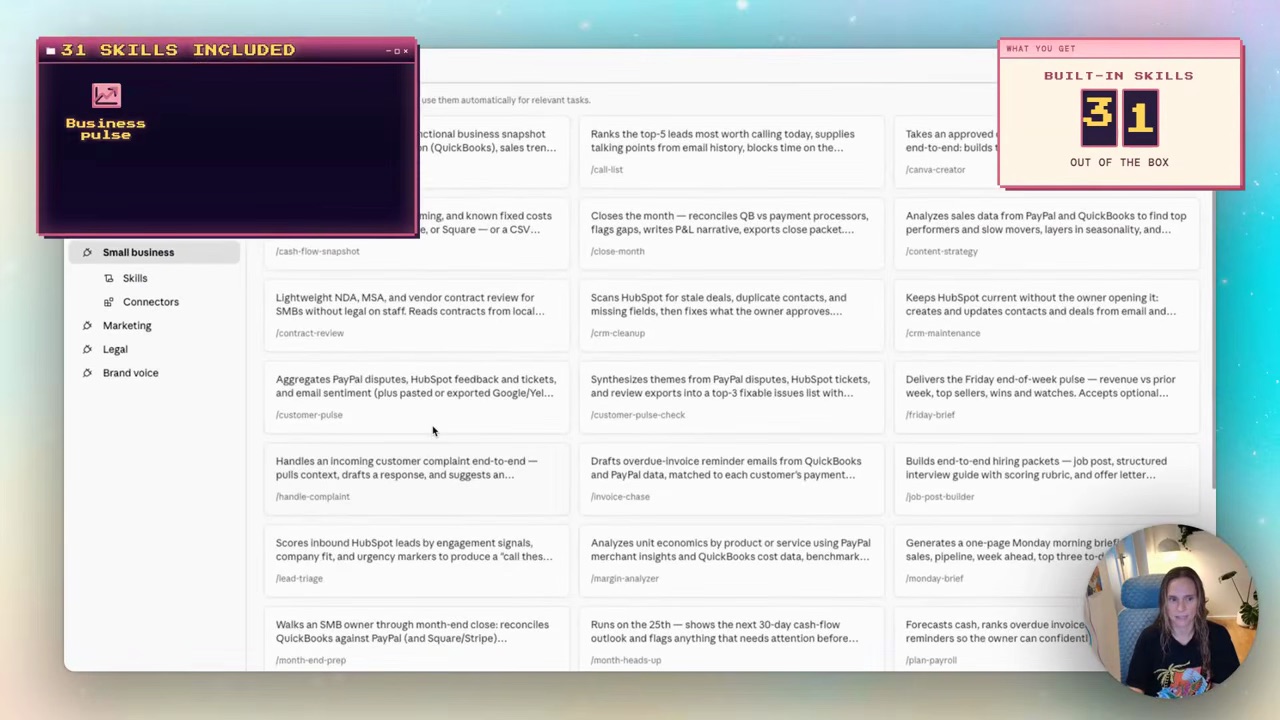 The Small Business Plugin's 31 included skills — business pulse, invoice chase, Monday brief, lead triage, CRM cleanup, Canva creator, and more — all coordinated through one plugin