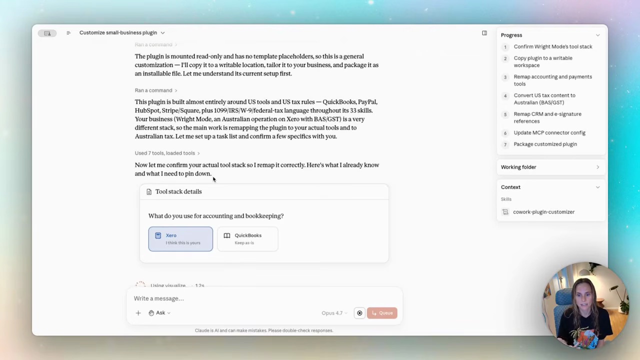 Cowork customising the Small Business Plugin — converting it to Australian tax rules (GST/BAS), remapping accounting tools (QuickBooks → Xero), updating CRM references