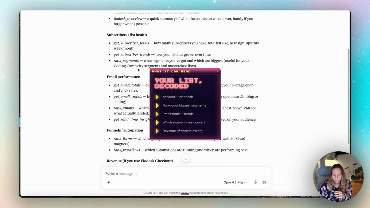 Claude listing the read-only tools available through the Flodesk connector, titled Your Flodesk Data Decoded