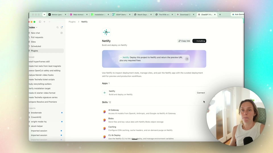 The Netlify plugin being installed inside ChatGPT Codex, showing the deploy permissions it needs before it can publish a site