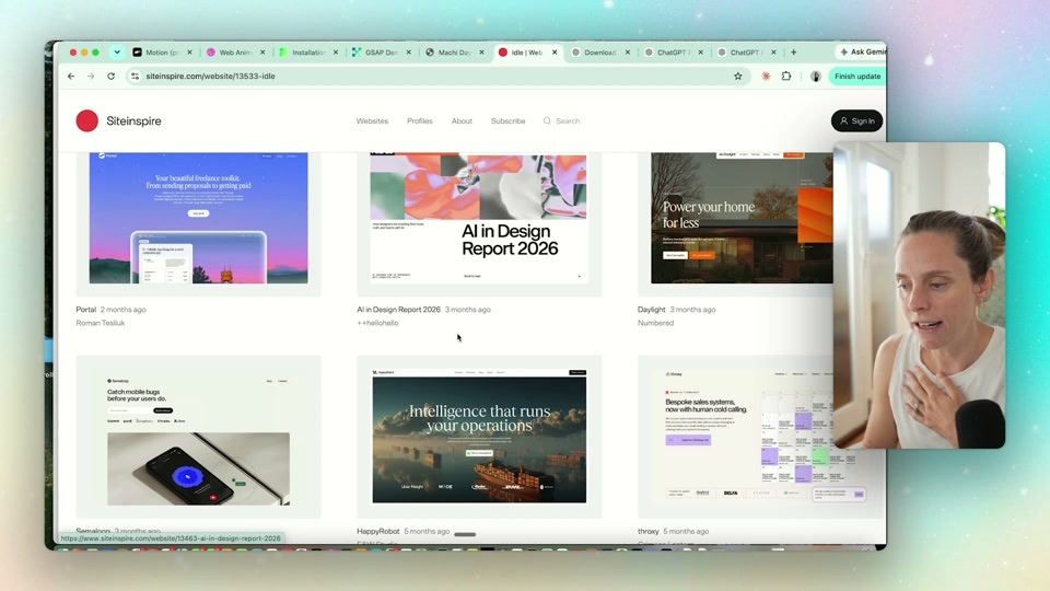 The SiteInspire gallery of curated website designs, used as visual reference to feed into ChatGPT Codex