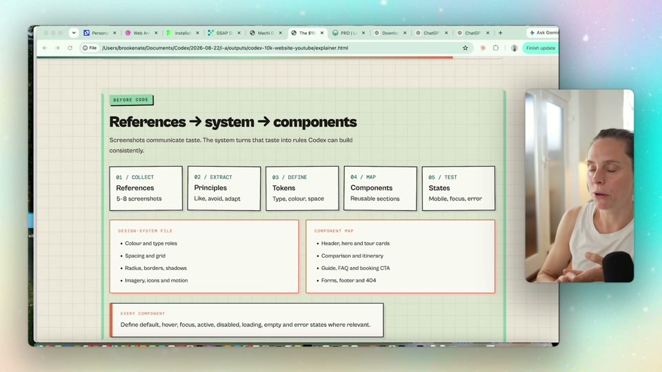 A design system breakdown inside Codex — references turned into principles, tokens, components and states