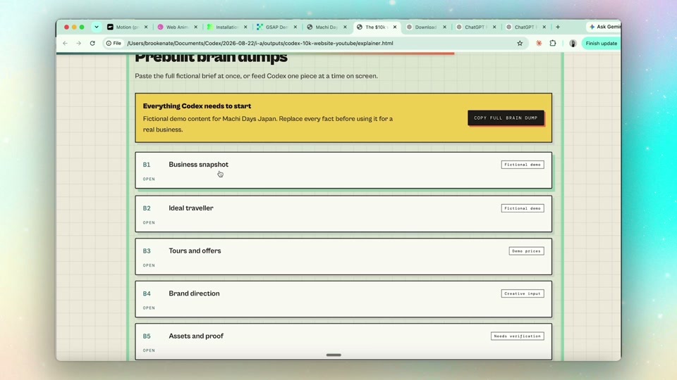 A structured Codex website brief broken into numbered sections — business snapshot, ideal traveller, tours and offers, brand direction, assets and proof
