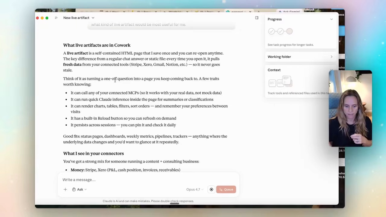 Claude Cowork's Live Artifacts setup — answering a few questions about what the dashboard should do before it builds