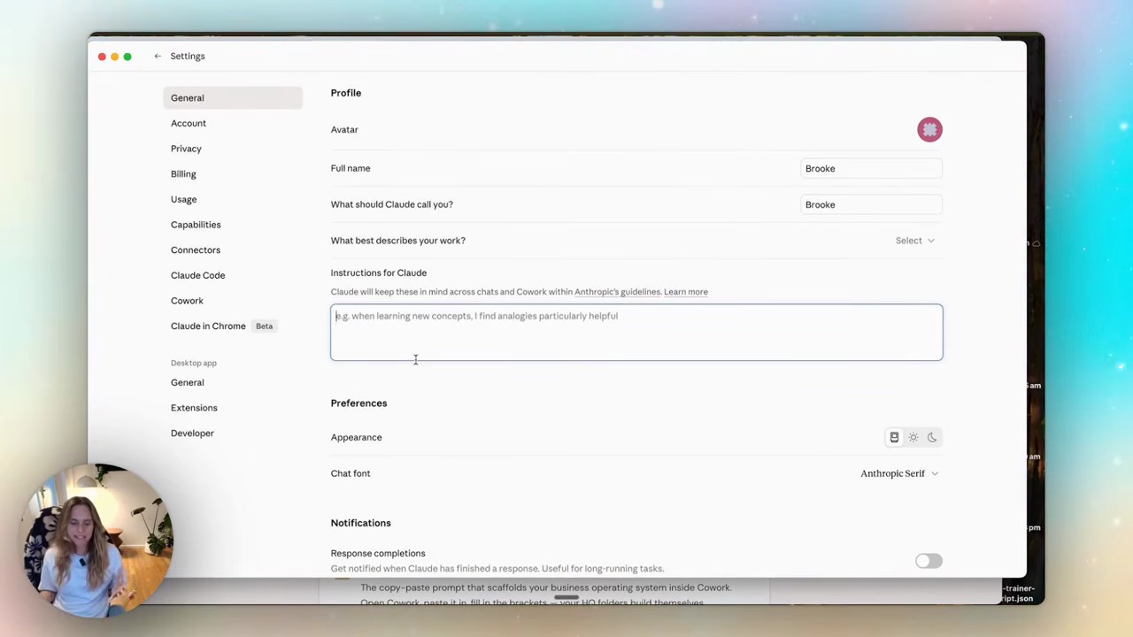 Claude desktop settings panel showing the Instructions for Claude field where you set your North Star context