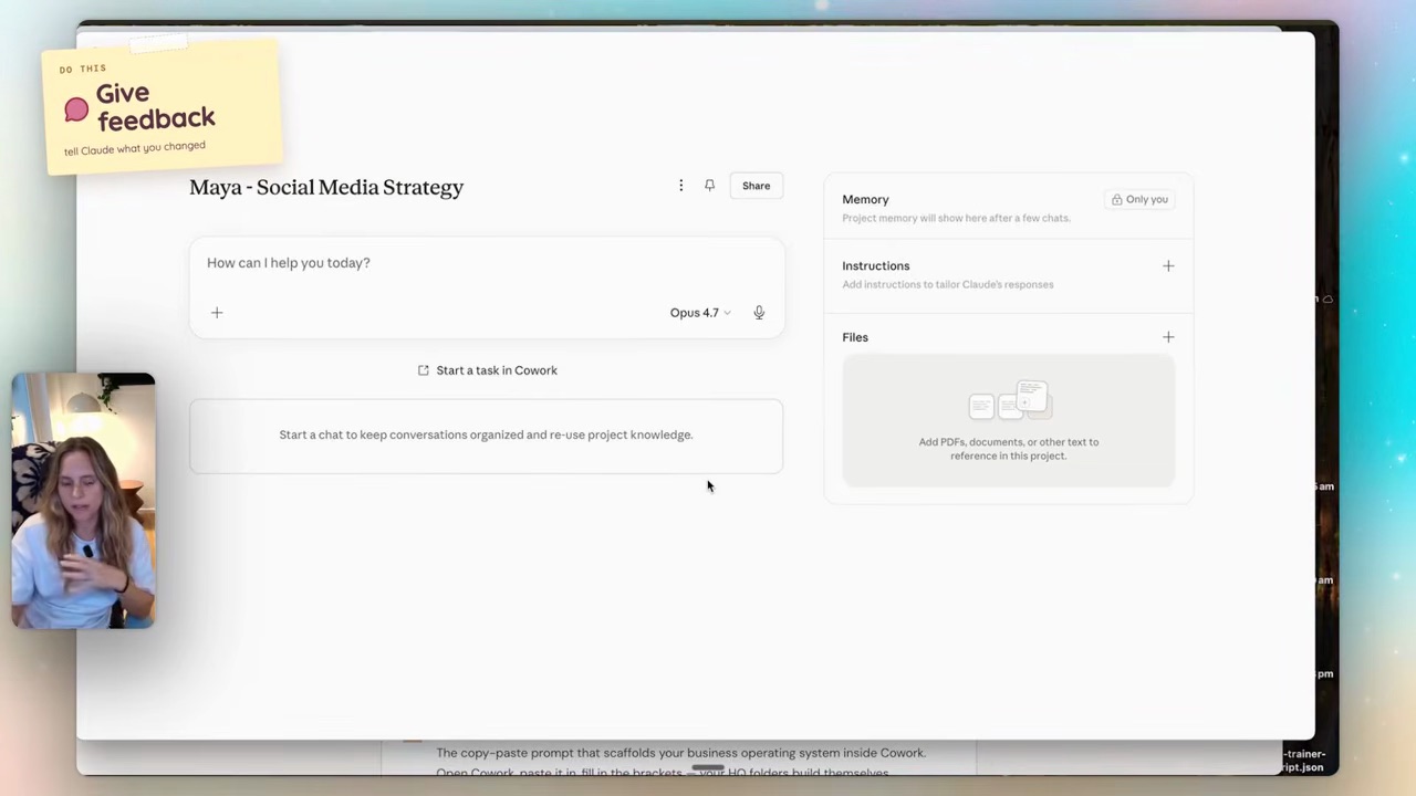 Inside a Claude project workspace for "Maya — Social Media Strategy" showing memory, instructions, and files panels alongside a chat window