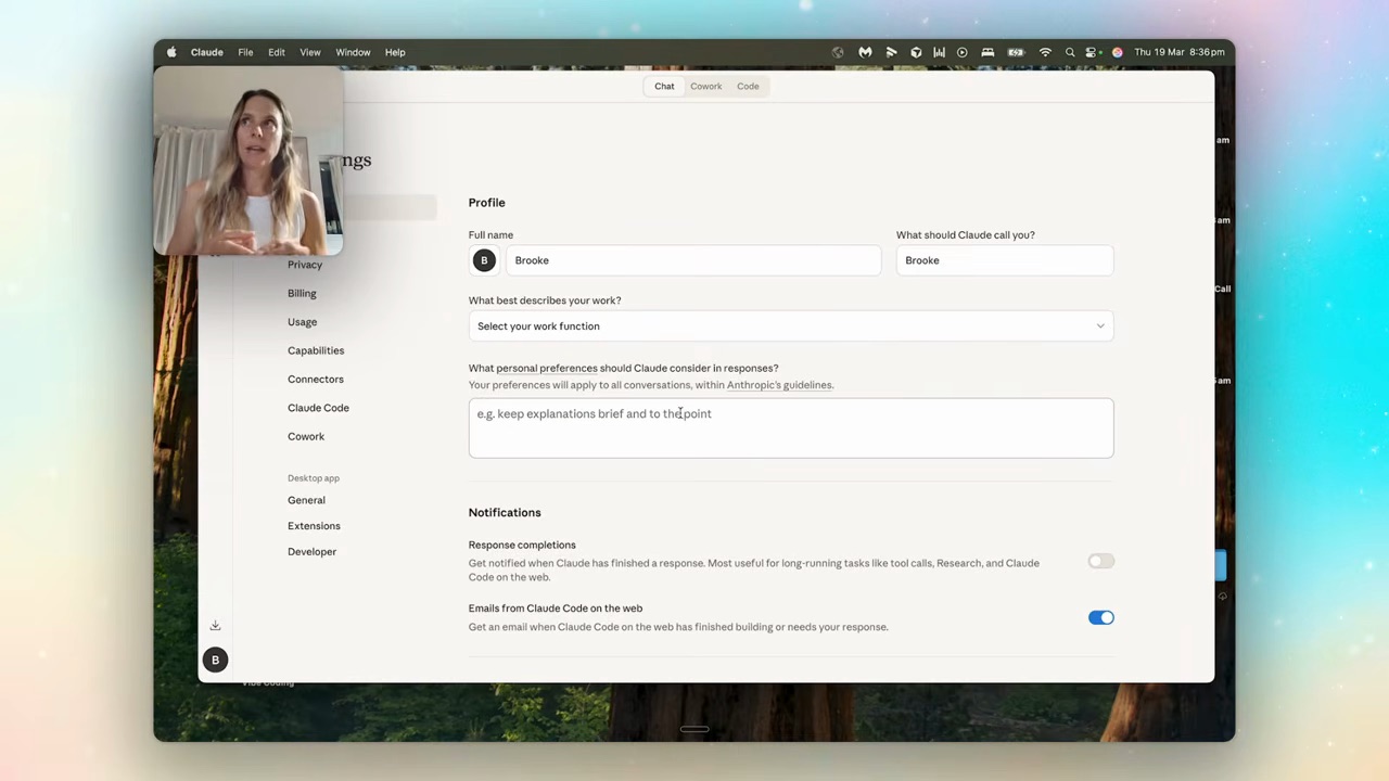 Claude settings panel — profile, custom instructions and capabilities
