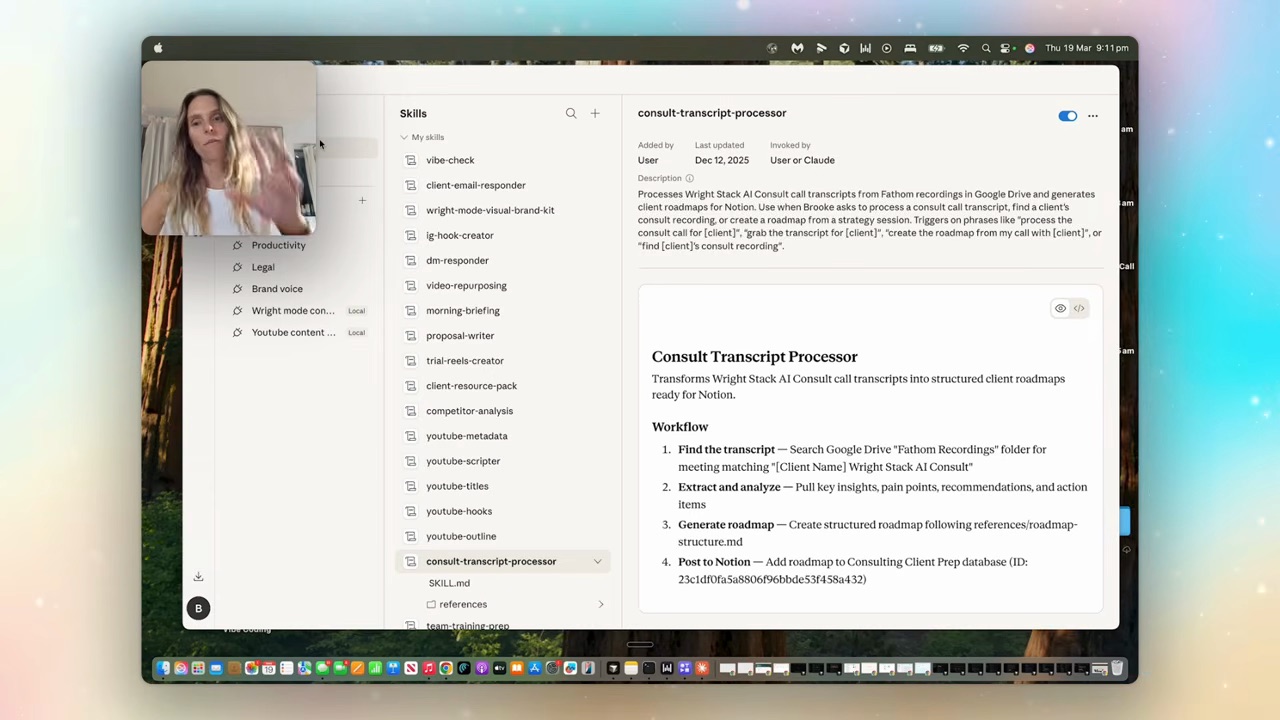 A real Claude skill — "Consult Transcript Processor" with its workflow visible