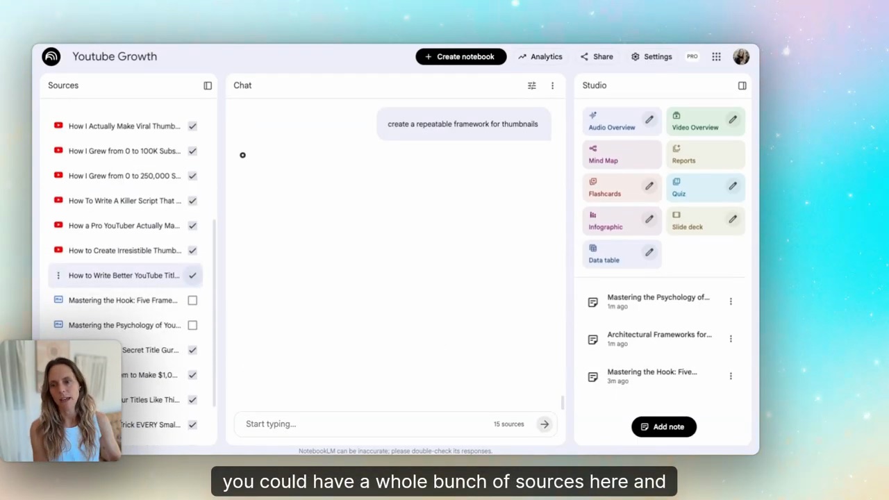NotebookLM extracting frameworks from creator videos — turning hours of content into a structured pattern doc