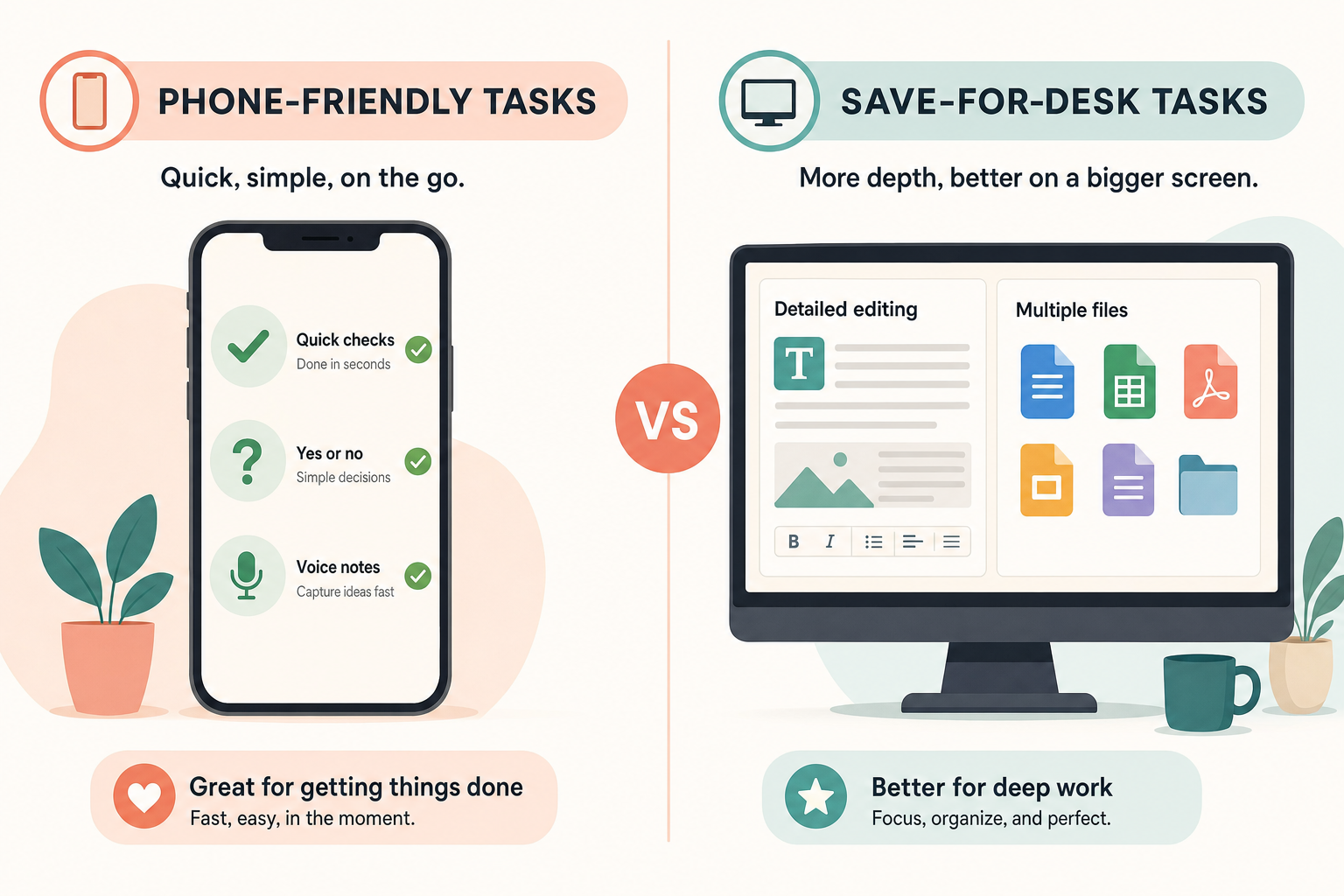 Phone-friendly tasks versus save-for-desk tasks