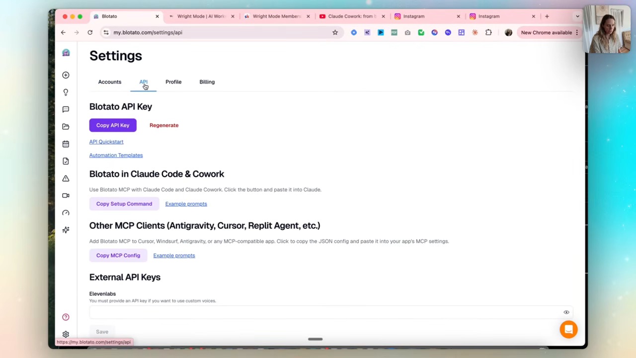 Blotato's API settings — copy the MCP setup command and paste it into Claude Code to connect the two